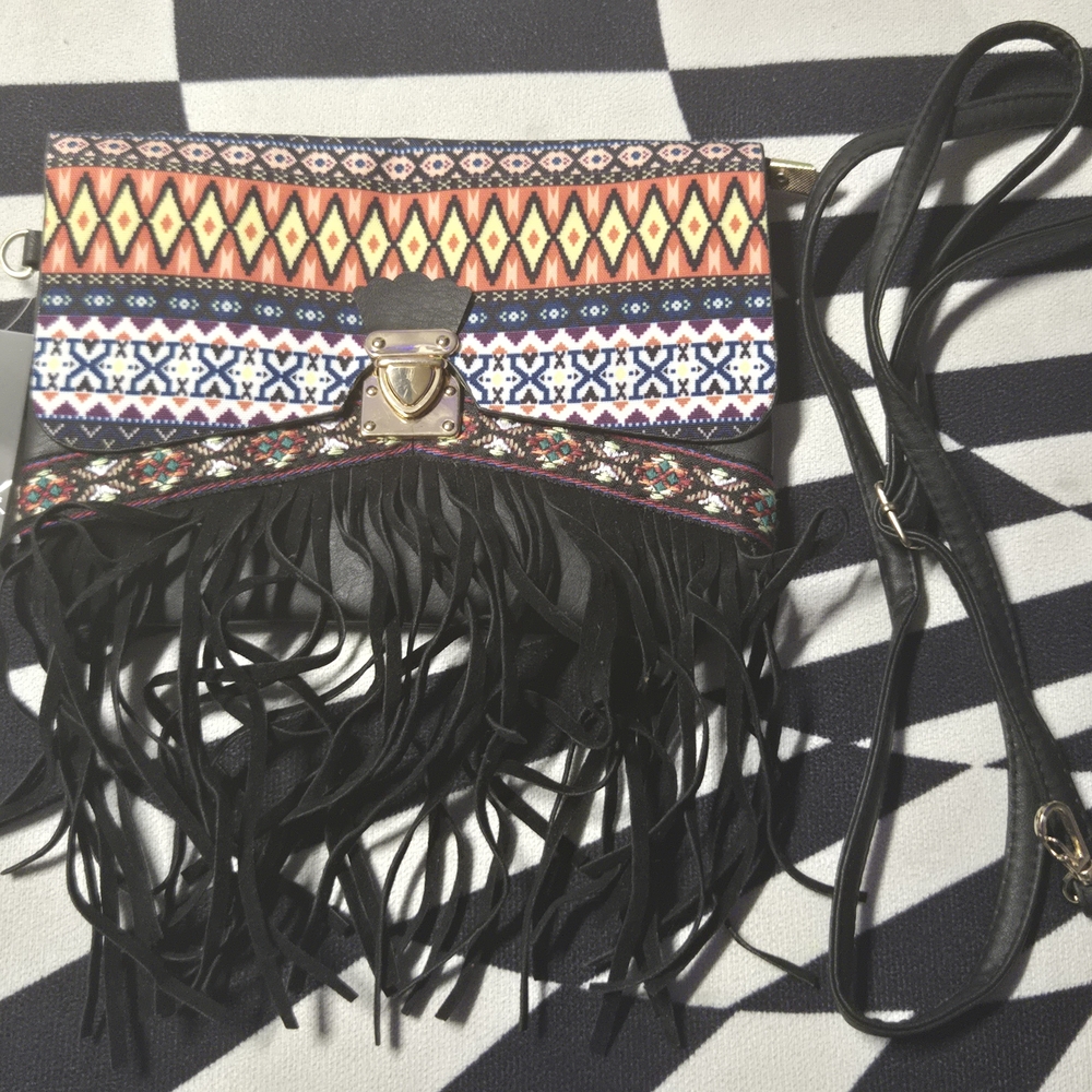 Black Fringe Crossbody Bag with Geometric Design
